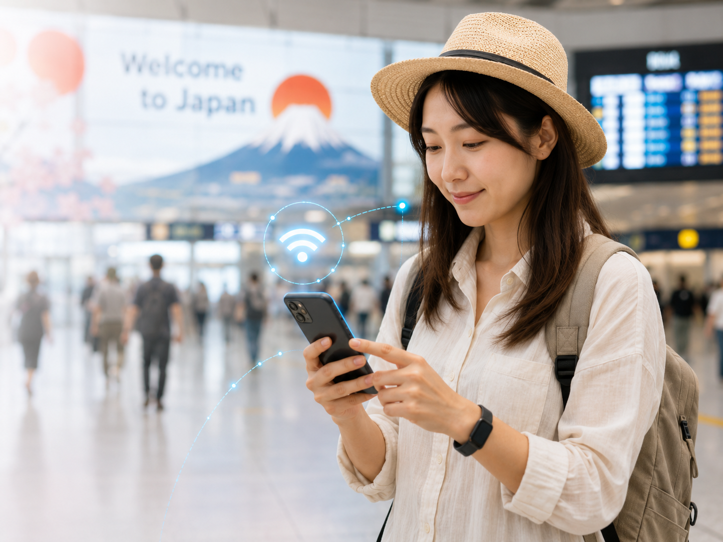 Traveler using mobile internet at a Japanese station
